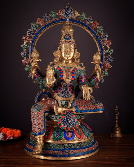 Pure Brass Large Lakshmi Devi Statue with Meenakari Stonework – 27" Tall, - Sama Homes Idol - Brass Sculpture