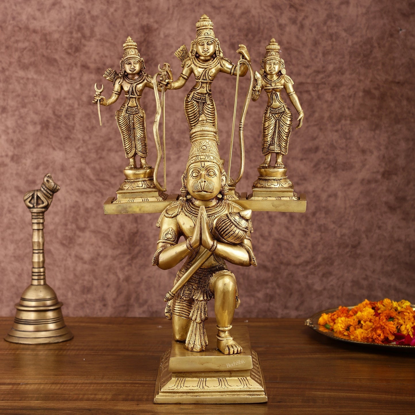 Pure Brass Large Lord Hanuman Carrying Rama, Lakshman, and Sita | Unique Ram Darbar Idol 18 inch - Sama Homes Idol - Brass Sculpture