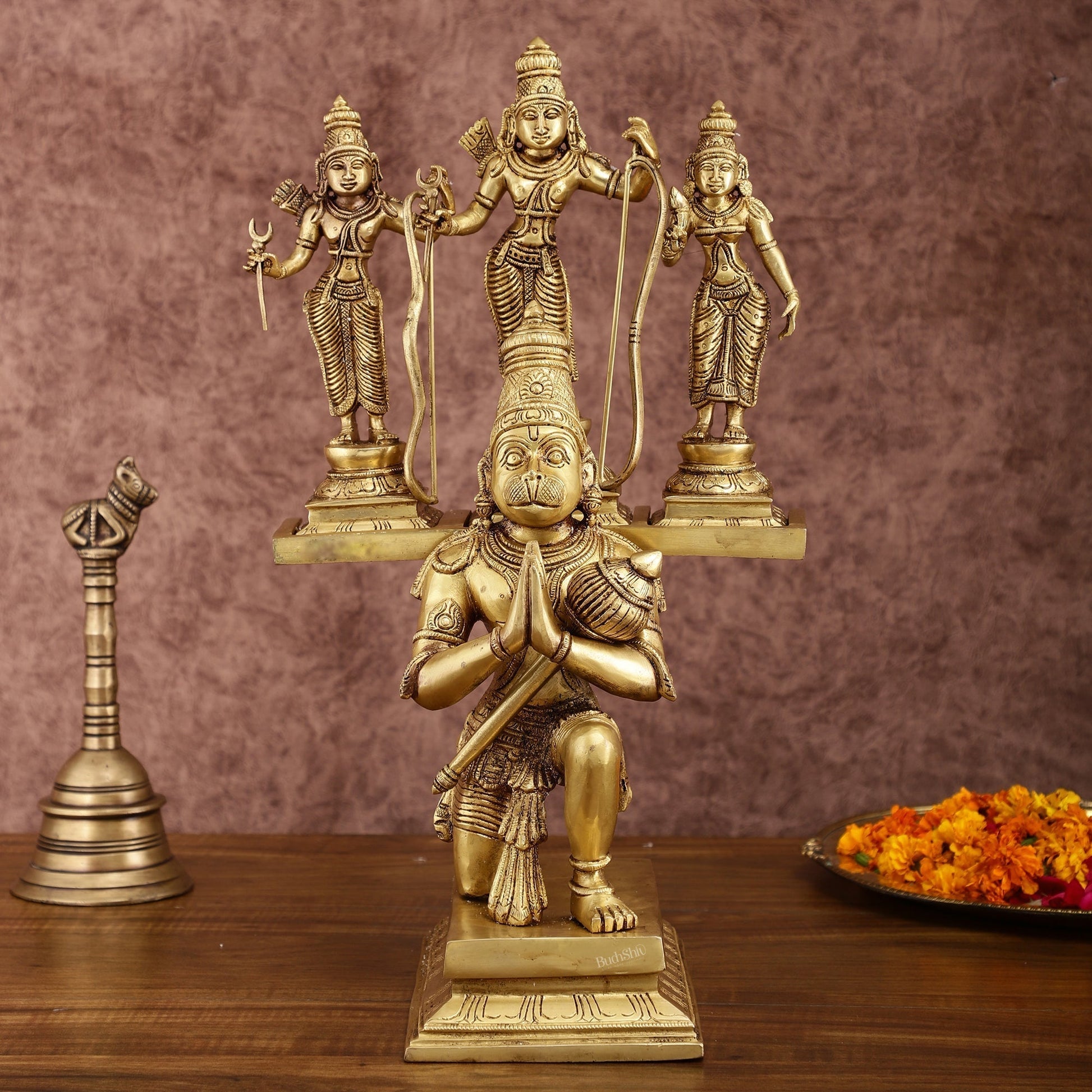Pure Brass Large Lord Hanuman Carrying Rama, Lakshman, and Sita | Unique Ram Darbar Idol 18 inch - Sama Homes Idol - Brass Sculpture - Eco-friendly - Sama Homes