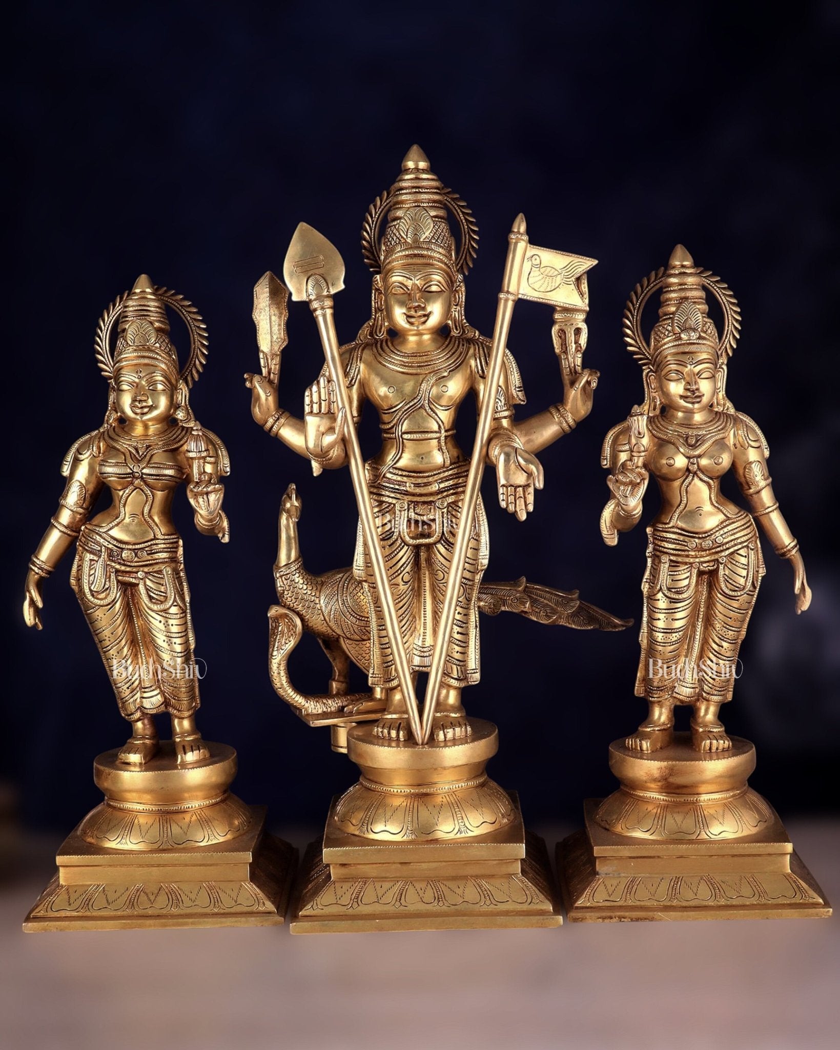 Pure Brass Large Murugan Statue with Valli and Devayani | kalayana murti 25" - Sama Homes Idol - Brass Sculpture - Eco-friendly - Sama Homes