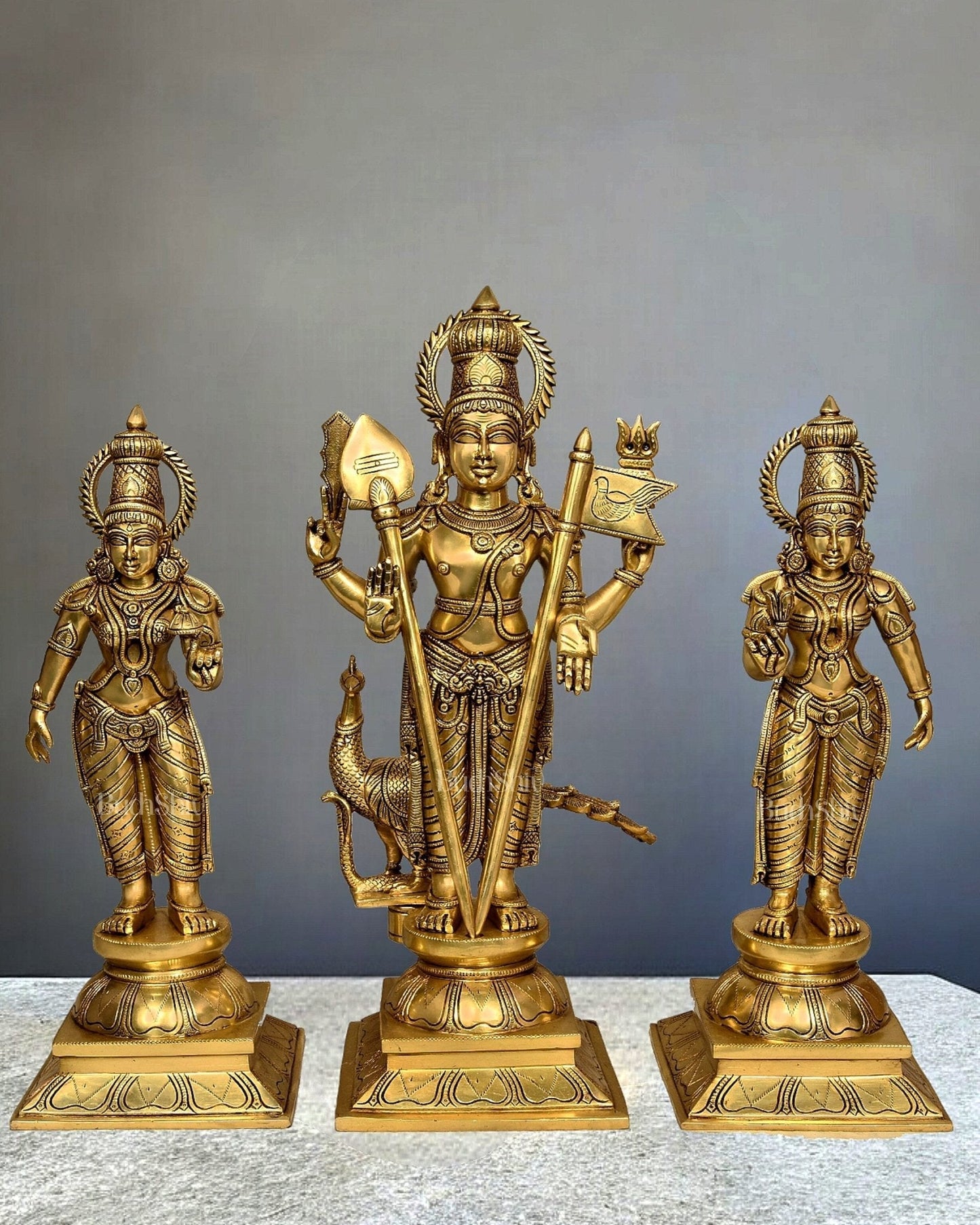 Pure Brass Large Murugan Swamy Idol with Valli deviyani set 23" - Sama Homes Idol - Brass Sculpture