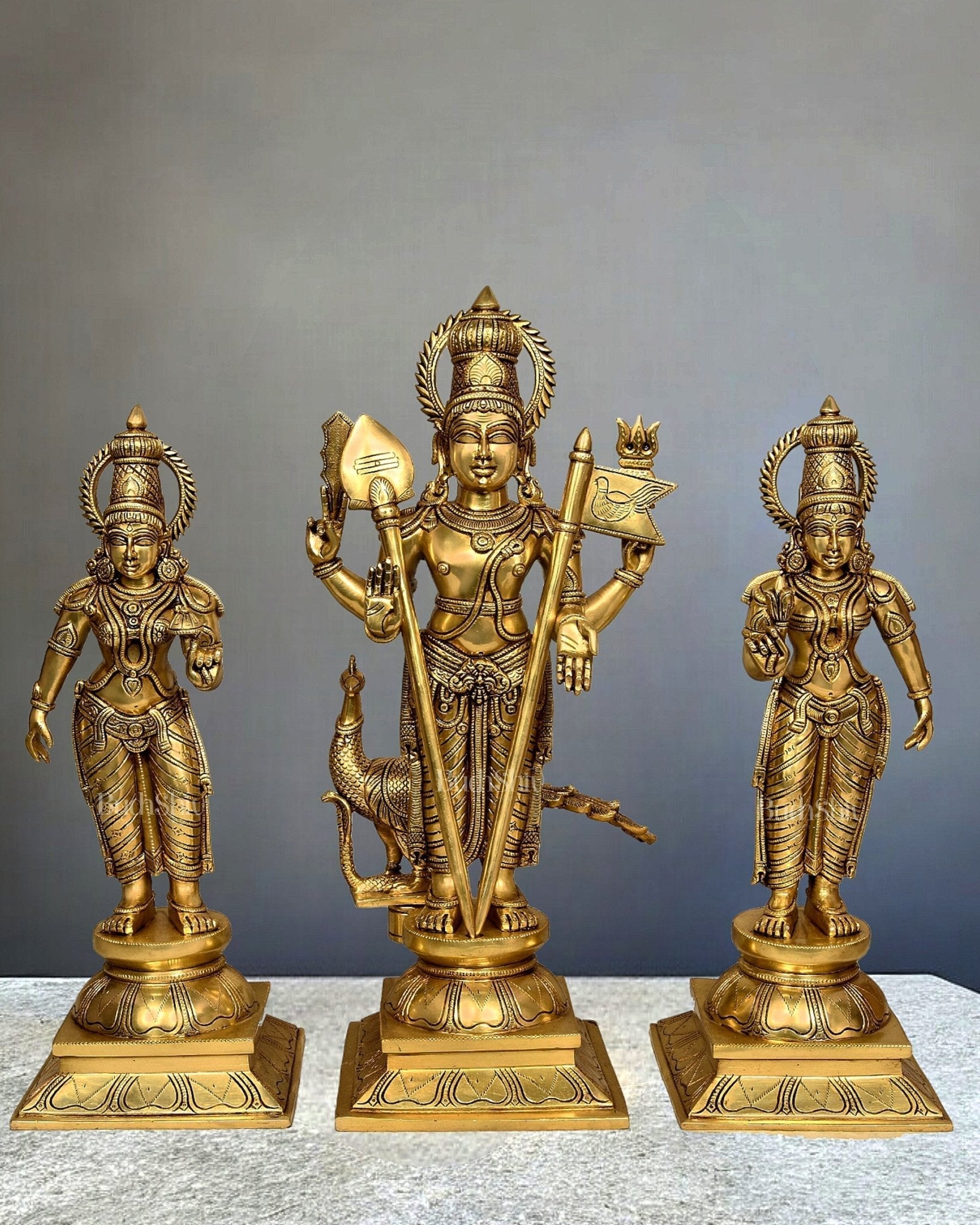 Pure Brass Large Murugan Swamy Idol with Valli deviyani set 23" - Sama Homes Idol - Brass Sculpture - Eco-friendly - Sama Homes