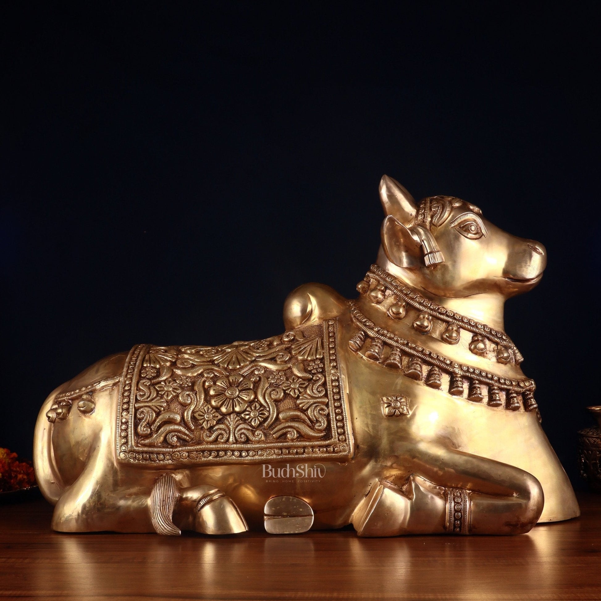 Pure Brass Large Nandi Statue – Straight Face, Superfine Carvings, 17 Inch, 30 Kg - Sama Homes Idol - Brass Sculpture - Eco-friendly - Sama Homes