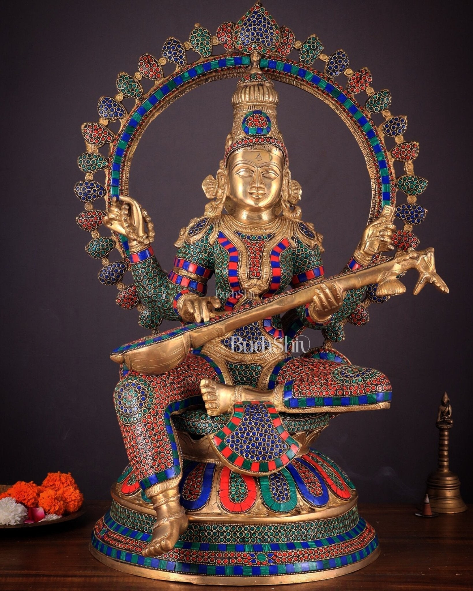 Pure Brass Large Saraswati Devi Statue with Meenakari Stonework – 27" - Sama Homes Idol - Brass Sculpture - Eco-friendly - Sama Homes