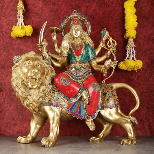 Pure Brass Large-Sized Goddess Durga Sherawali Mata Murti - 27 inch - Sama Homes Idol - Brass Sculpture