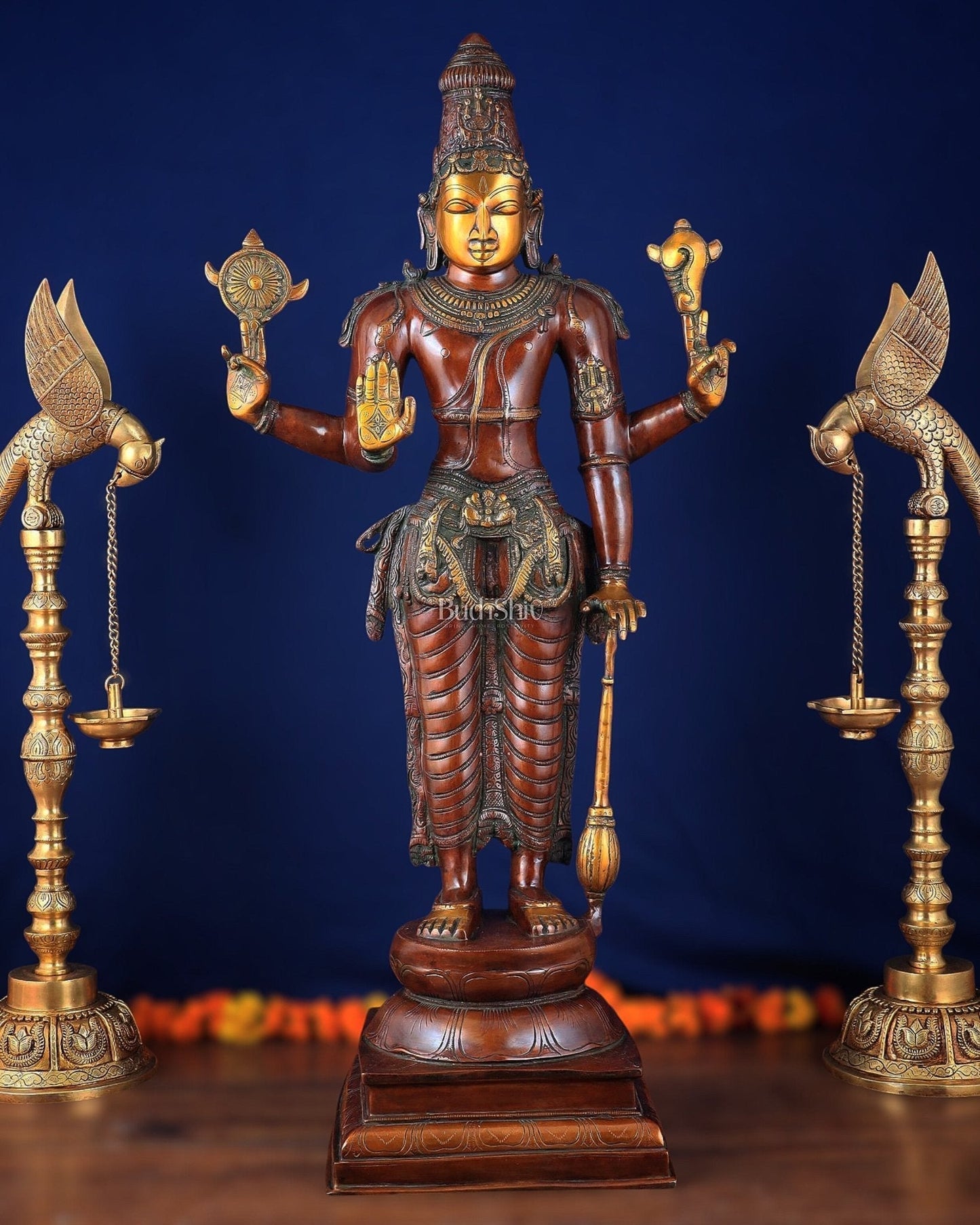 Pure Brass Large Standing Lord Vishnu Narayana Statue – Chola Dual Tone 37" - Sama Homes Idol - Brass Sculpture
