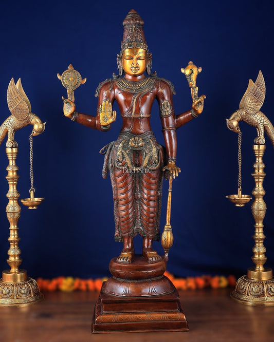 Pure Brass Large Standing Lord Vishnu Narayana Statue – Chola Dual Tone 37" - Sama Homes Idol - Brass Sculpture
