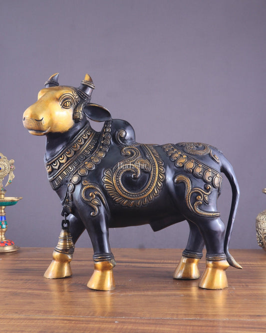 Pure Brass Large Standing Nandi Fully Engraved Sculpture  14" black edition - Sama Homes Idol - Brass Sculpture