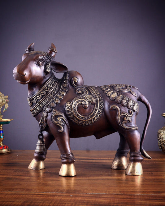 Pure Brass Large Standing Nandi Fully Engraved Sculpture  14" copper tone - Sama Homes Idol - Brass Sculpture