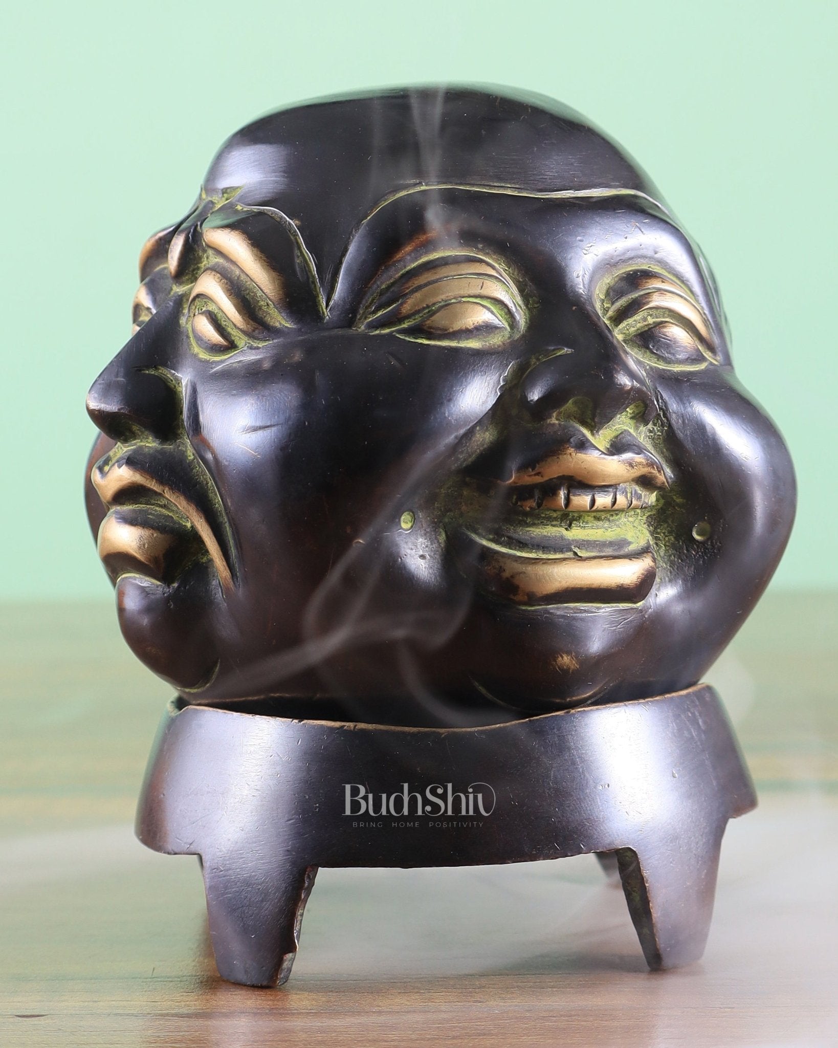 Pure Brass Laughing Buddha Dhoop Burner Showpiece – Antique Black Green Patina 5" - Sama Homes Idol - Brass Sculpture - Eco-friendly - Sama Homes