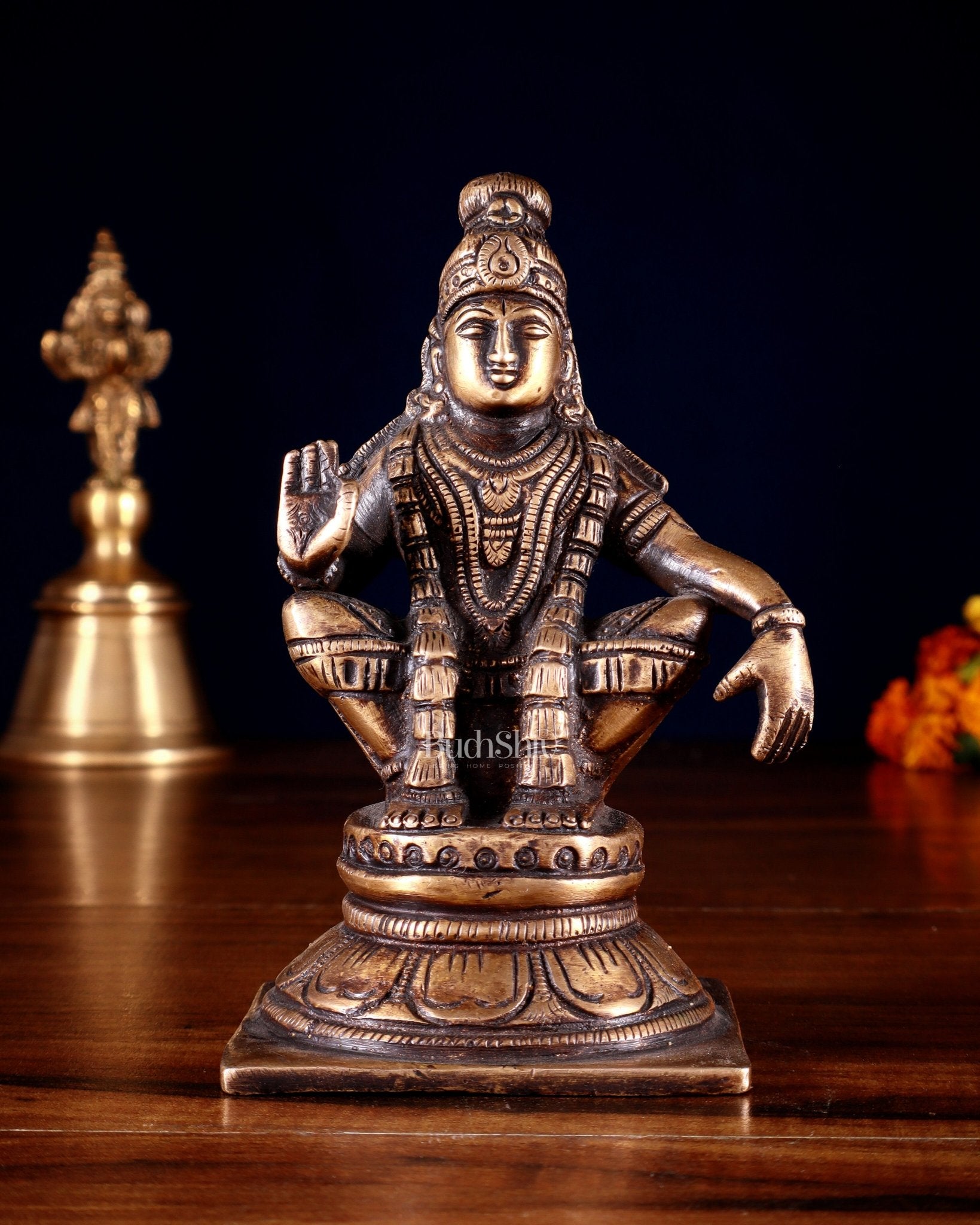 Pure Brass Lord Ayyappan Statue – Burnt Brass Tone 5" - Sama Homes Idol - Brass Sculpture - Eco-friendly - Sama Homes