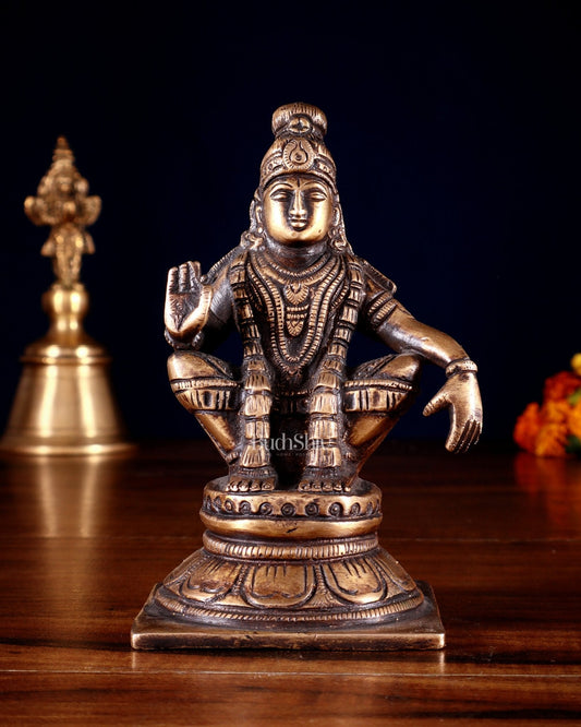Pure Brass Lord Ayyappan Statue – Burnt Brass Tone 5" - Sama Homes Idol - Brass Sculpture