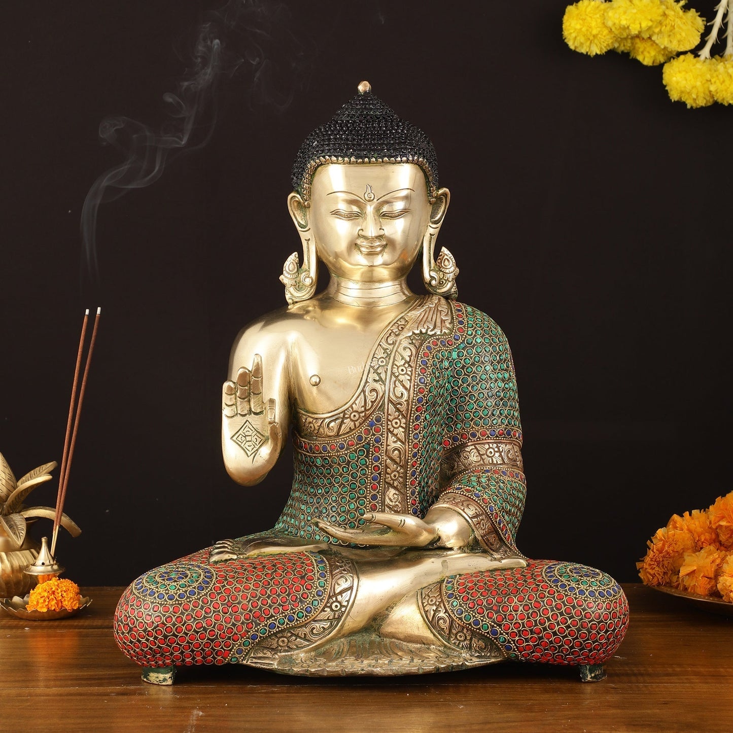 Pure Brass Lord Buddha in Blessing Mudra with Meenakari Stonework - Handcrafted Statue - Sama Homes Idol - Brass Sculpture