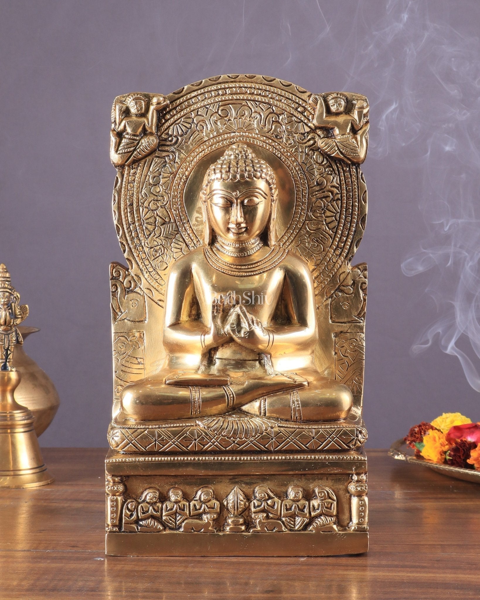 Pure Brass Lord Buddha Statue in Dharmachakra Mudra – 11" - Sama Homes Idol - Brass Sculpture - Eco-friendly - Sama Homes
