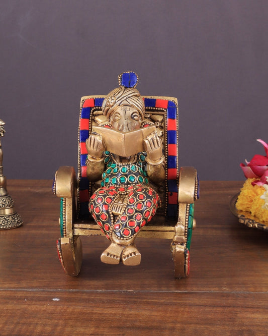 Pure Brass Lord Ganapati Seated on a Swinging Chair Idol Showpiece 6.5" with stonework - Sama Homes Idol - Brass Sculpture
