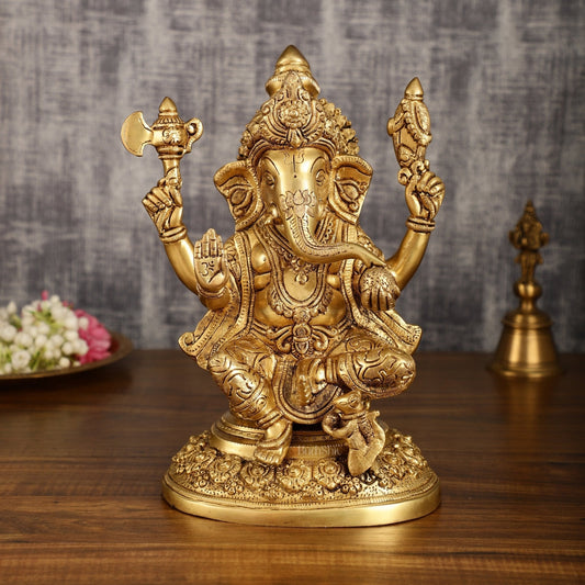 Pure Brass Lord Ganesha Highly Detailed Statue | 12 Inch - Sama Homes Idol - Brass Sculpture