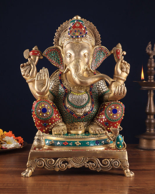 Pure Brass Lord Ganesha Idol - 18 inch Meenakari Stonework - Sama Homes Idol - Brass Sculpture