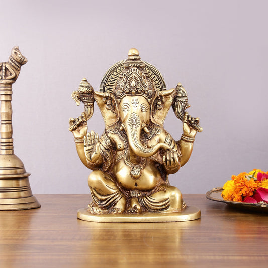 Pure Brass Lord Ganesha Idol – 8" - Sama Homes Idol - Brass Sculpture