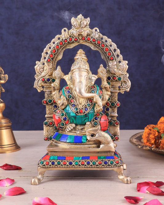 Pure Brass Lord Ganesha Idol | Meenakari Stonework 8" - Sama Homes Idol - Brass Sculpture