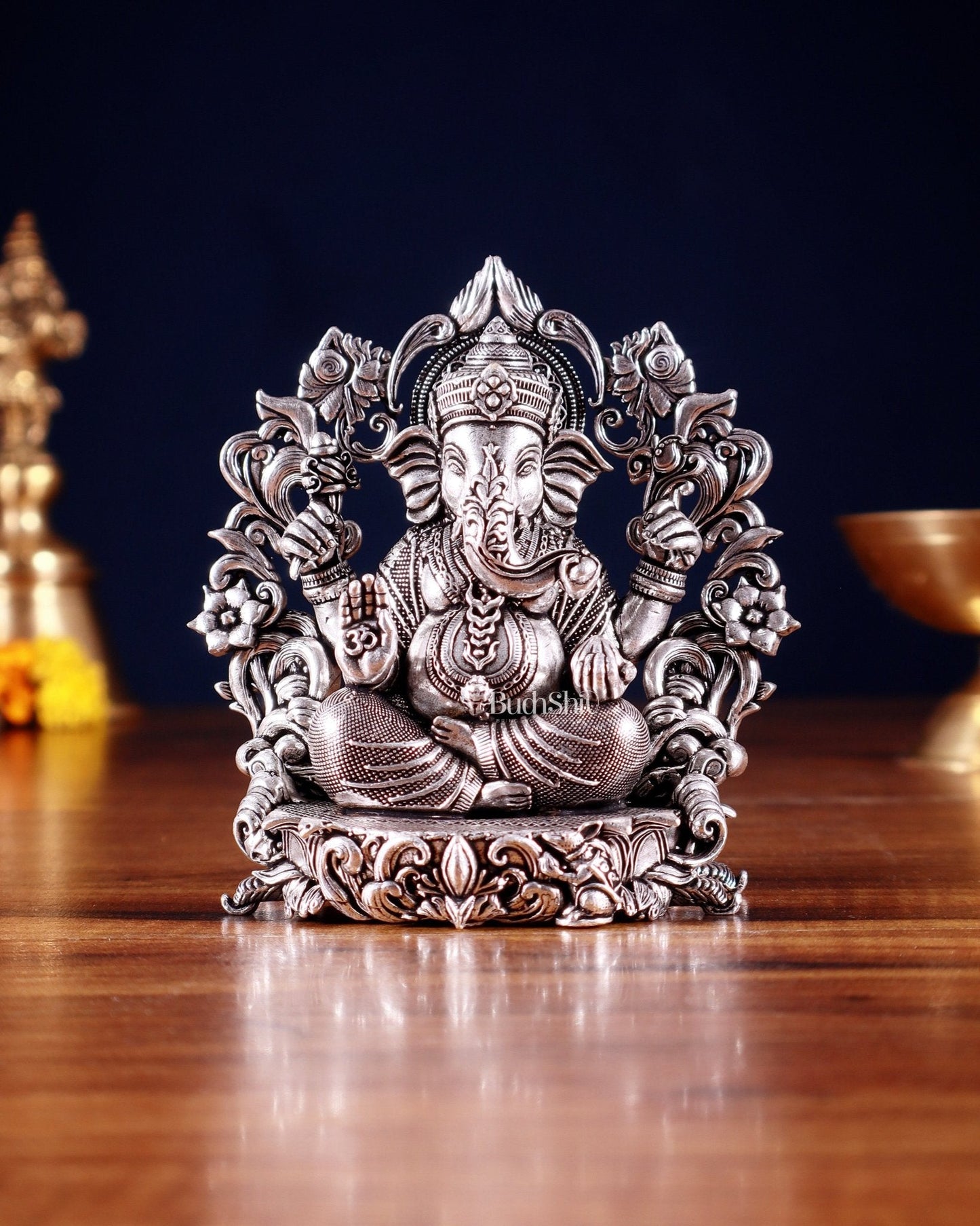 Pure Brass Lord Ganesha Idol silver plated – 4” superfine - Sama Homes Idol - Brass Sculpture