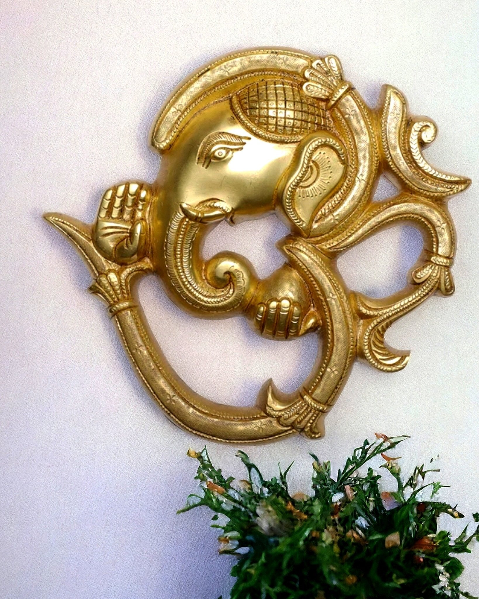 Pure Brass Lord Ganesha Om wall hanging 8.5" - Sama Homes Idol - Brass Sculpture - Eco-friendly - Sama Homes