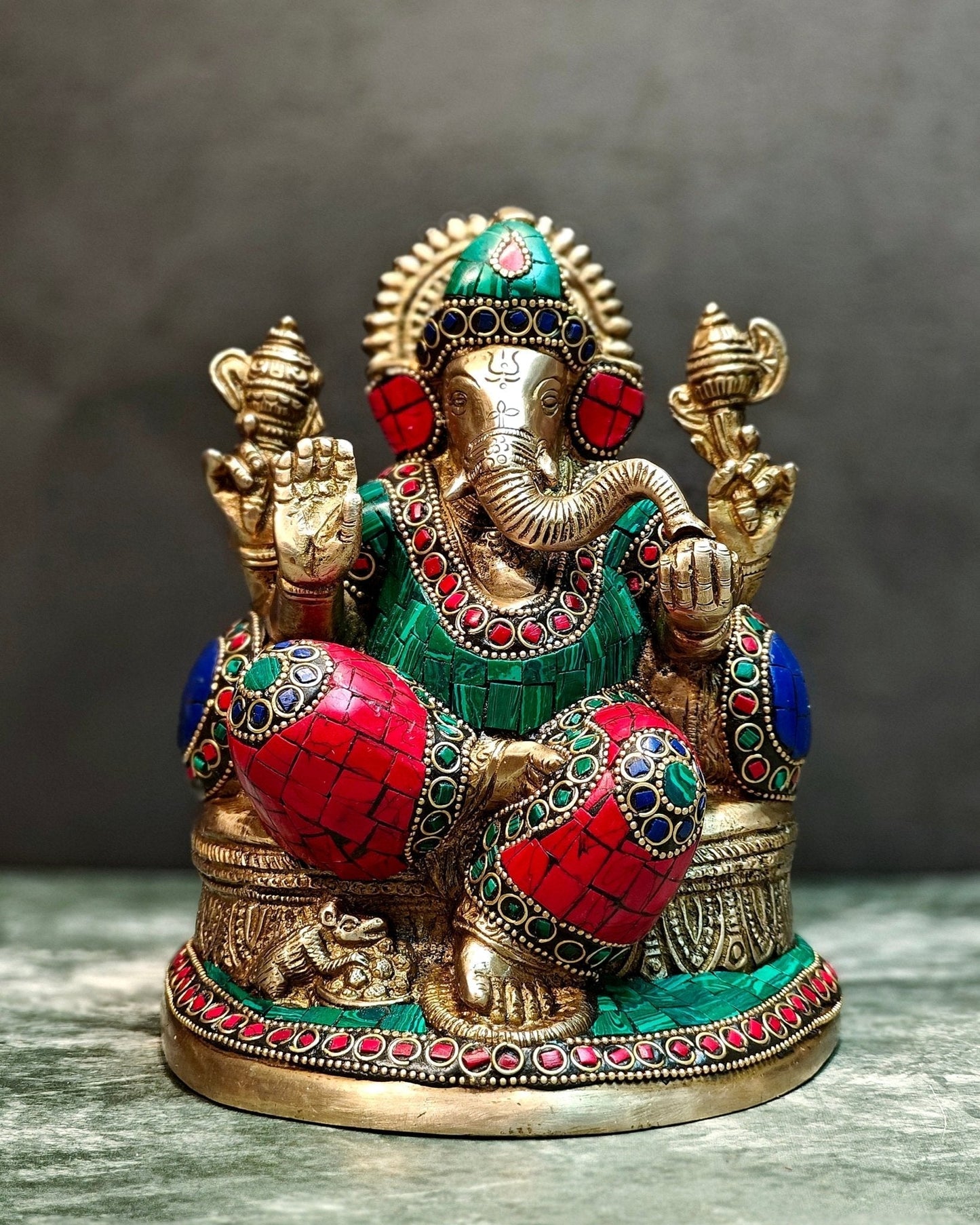 Pure Brass Lord Ganesha on throne statue 7.5" - Sama Homes Idol - Brass Sculpture