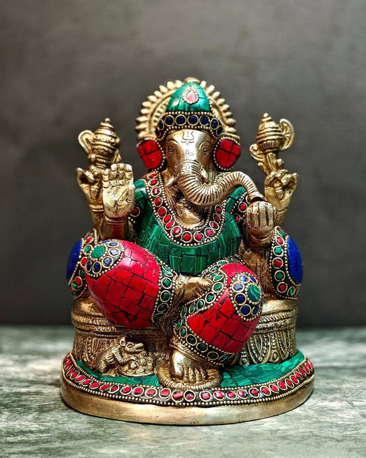 Pure Brass Lord Ganesha on throne statue 7.5" - Sama Homes Idol - Brass Sculpture