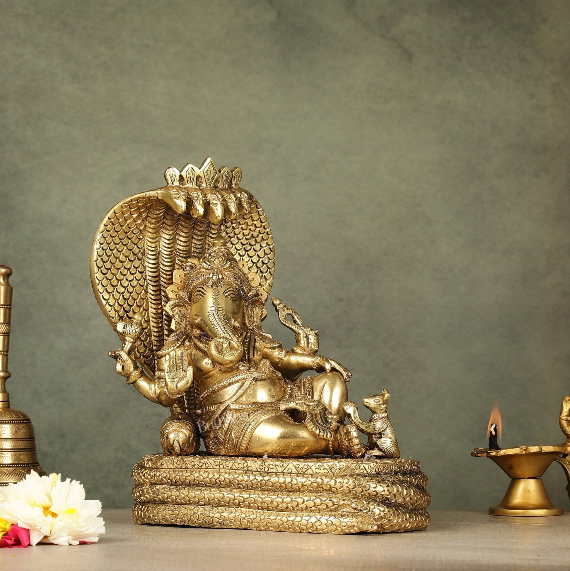 Pure Brass Lord Ganesha Resting on Sheshnaag – 10" x 9" x 5.5" | Divine & Artistic Idol - Sama Homes Idol - Brass Sculpture - Eco-friendly - Sama Homes