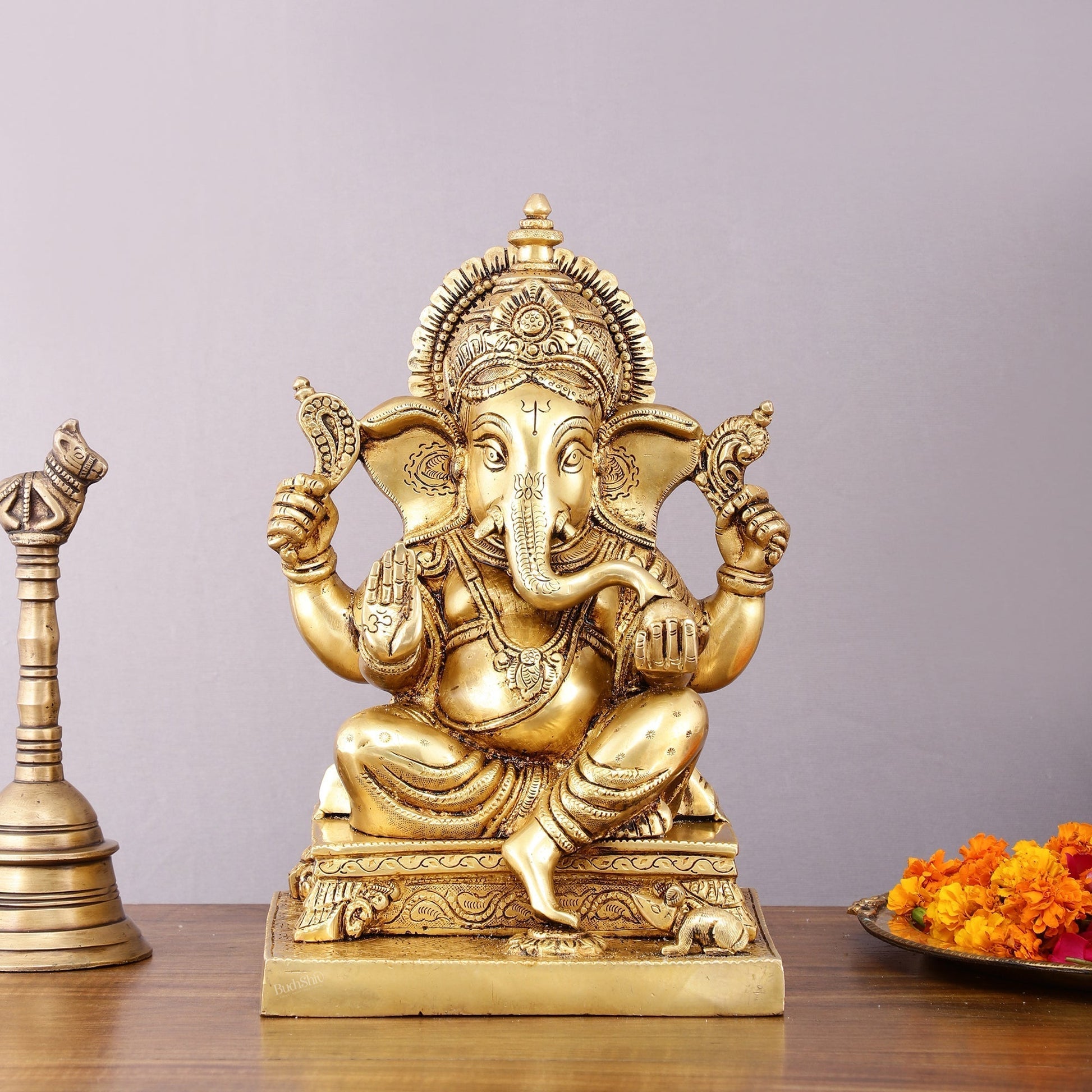 Pure Brass Lord Ganesha Statue - 12" Sacred Sculpture - Sama Homes Idol - Brass Sculpture - Eco-friendly - Sama Homes