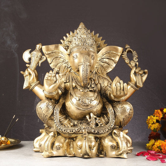 Pure Brass Lord Ganesha Statue Seated on Elephant Aasan - 18" - Sama Homes Idol - Brass Sculpture