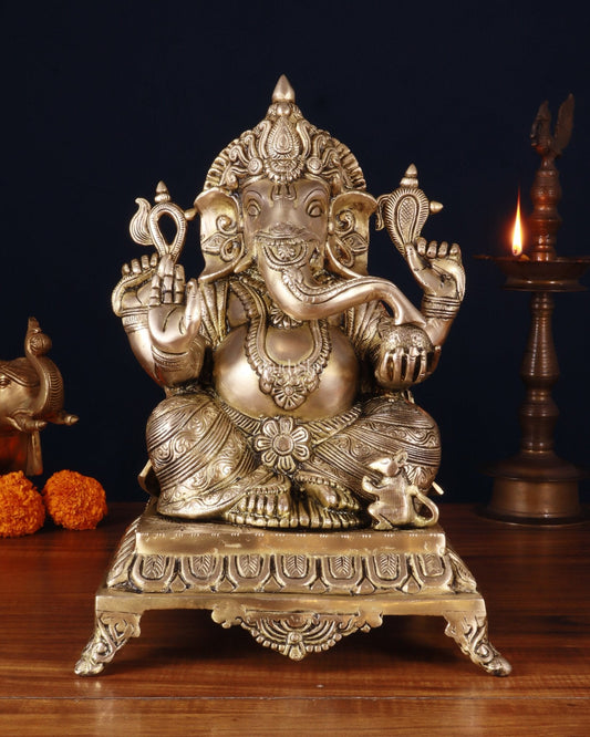 Pure Brass Lord Ganesha Statue – Unique Design, 15 Inch - Sama Homes Idol - Brass Sculpture