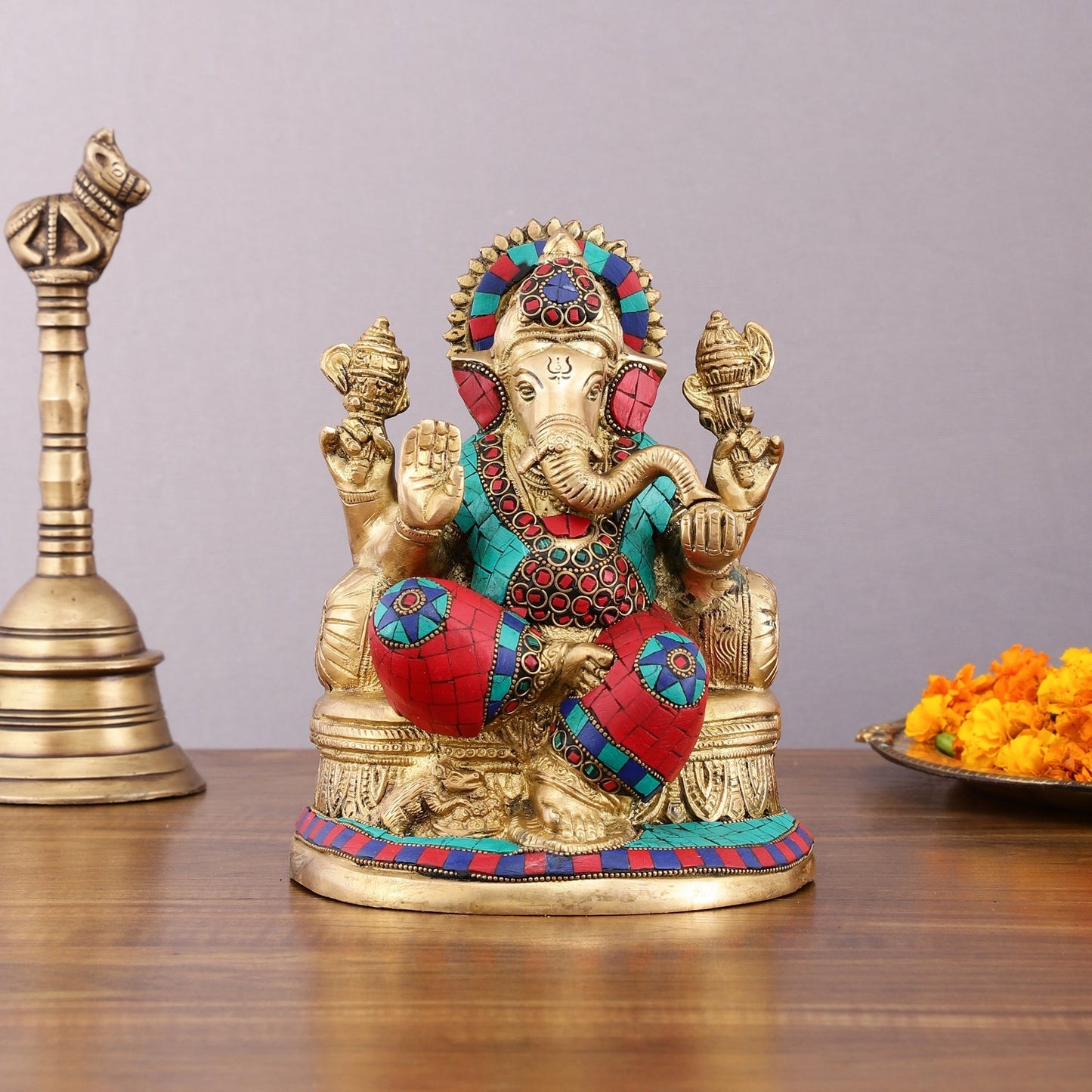 Pure Brass Lord Ganesha Statue with Meenakari – 8 Inch Divine Idol - Sama Homes Idol - Brass Sculpture