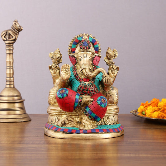 Pure Brass Lord Ganesha Statue with Meenakari – 8 Inch Divine Idol - Sama Homes Idol - Brass Sculpture