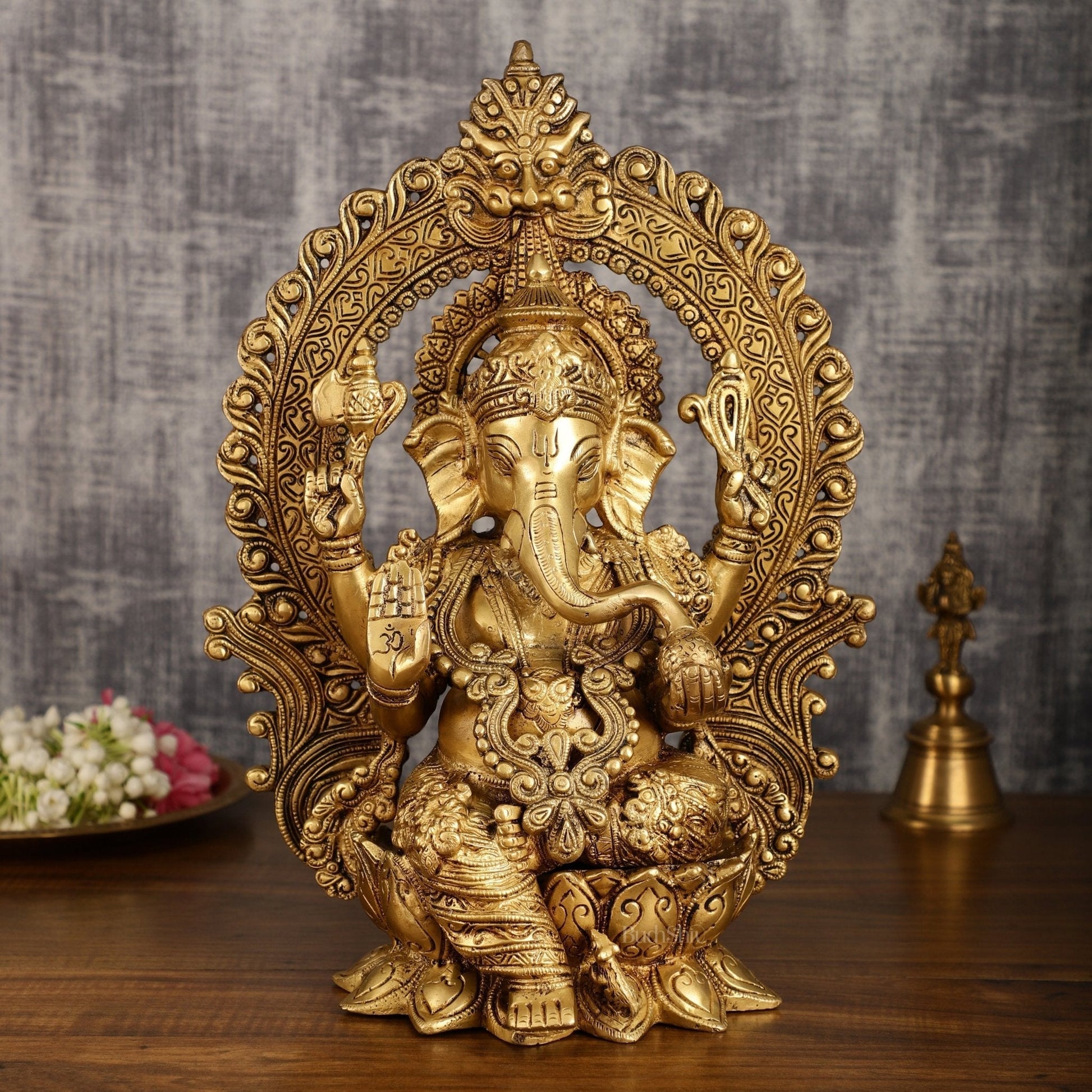 Pure Brass Lord Ganesha with Kirtimukha Prabhavali Aura | 15.5 Inch - Sama Homes Idol - Brass Sculpture - Eco-friendly - Sama Homes