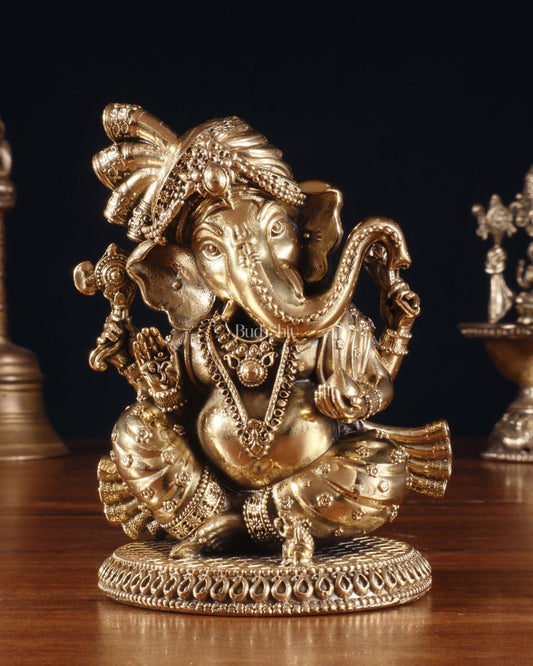 Pure Brass Lord Ganesha with Turban – Superfine Idol, 4 Inch - Sama Homes Idol - Brass Sculpture