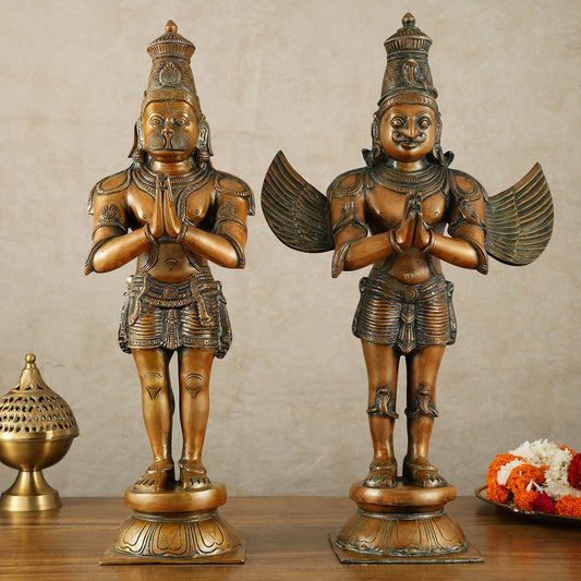 Pure Brass Lord Hanuman and Garuda Statue pair 22" vintage bronze tone - Sama Homes Idol - Brass Sculpture