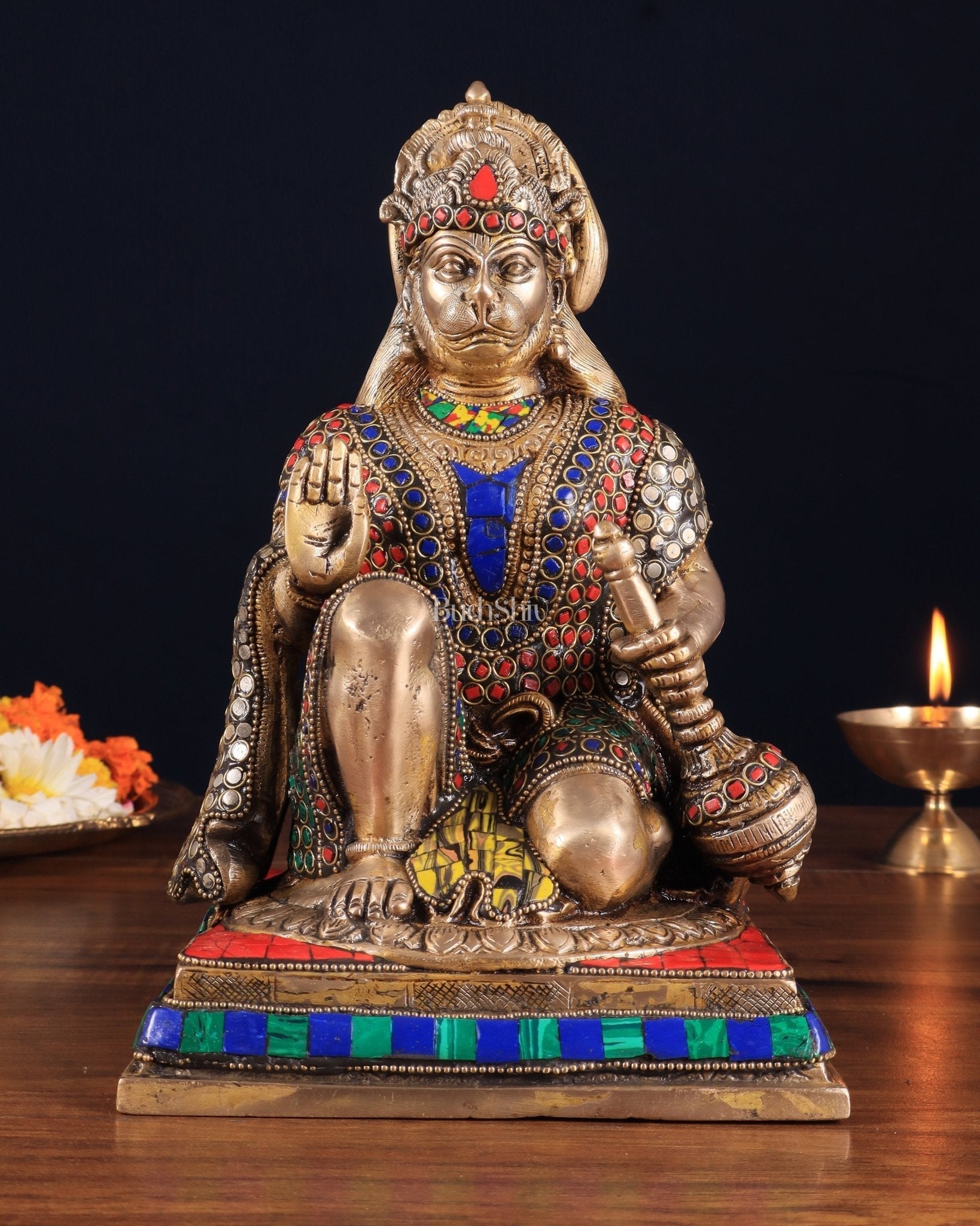 Pure Brass Lord Hanuman blessing Idol 10" with stonework - Sama Homes Idol - Brass Sculpture - Eco-friendly - Sama Homes