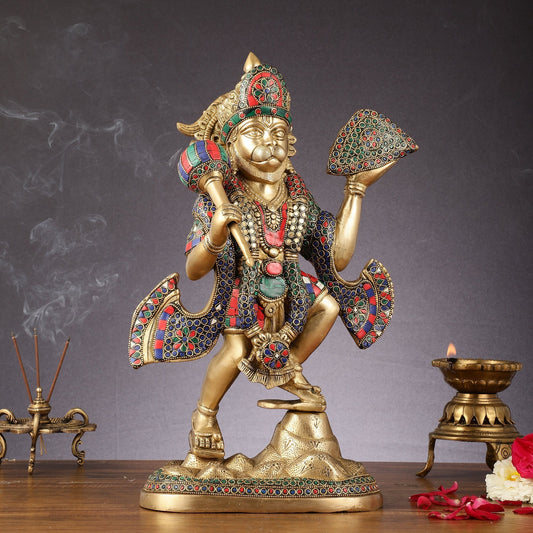 Pure Brass Lord Hanuman Sanjeevani Mountain Statue with Stonework - 15 inch - Sama Homes Idol - Brass Sculpture