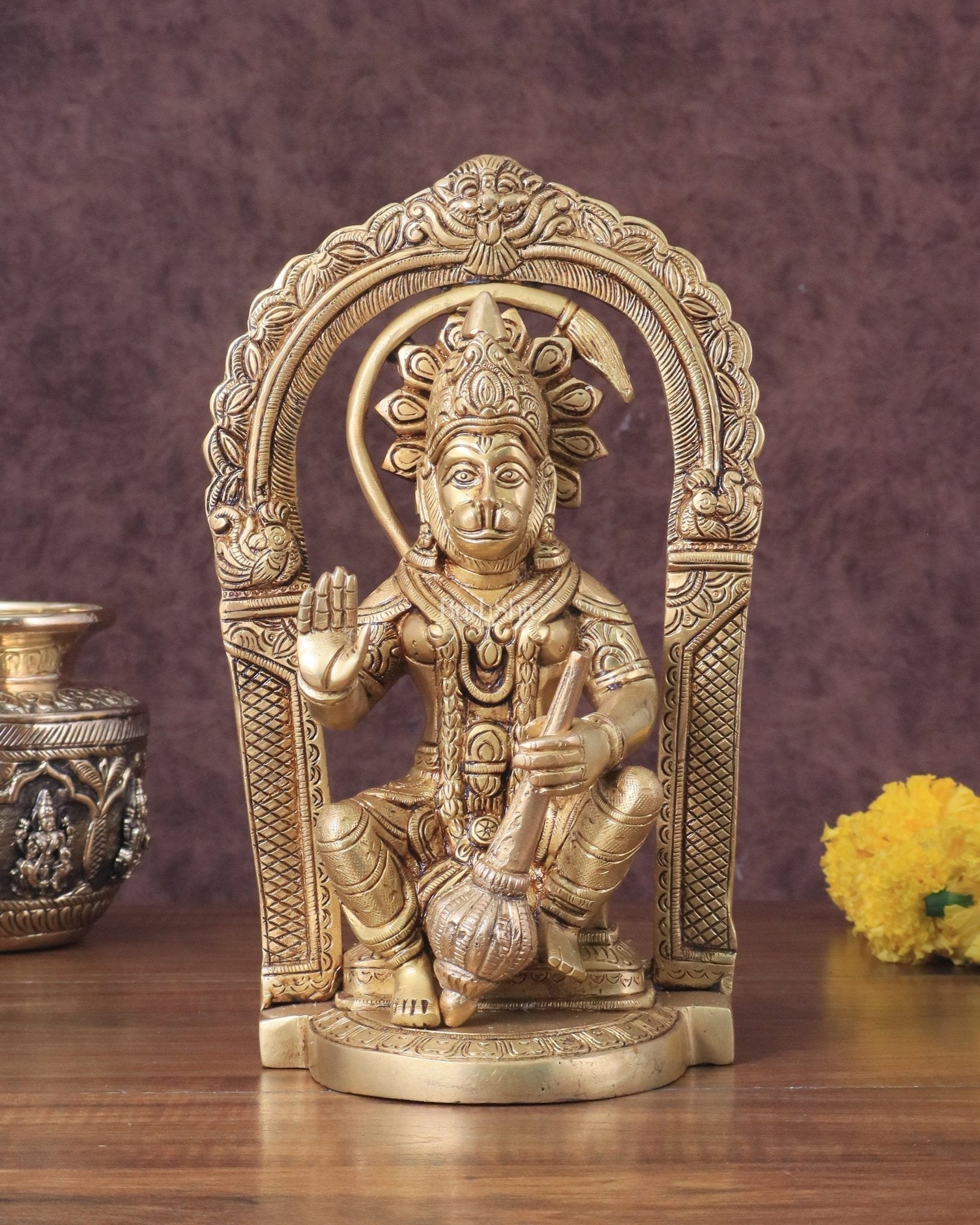 Pure Brass Lord Hanuman Seated on Throne Idol - 8" - Sama Homes Idol - Brass Sculpture - Eco-friendly - Sama Homes