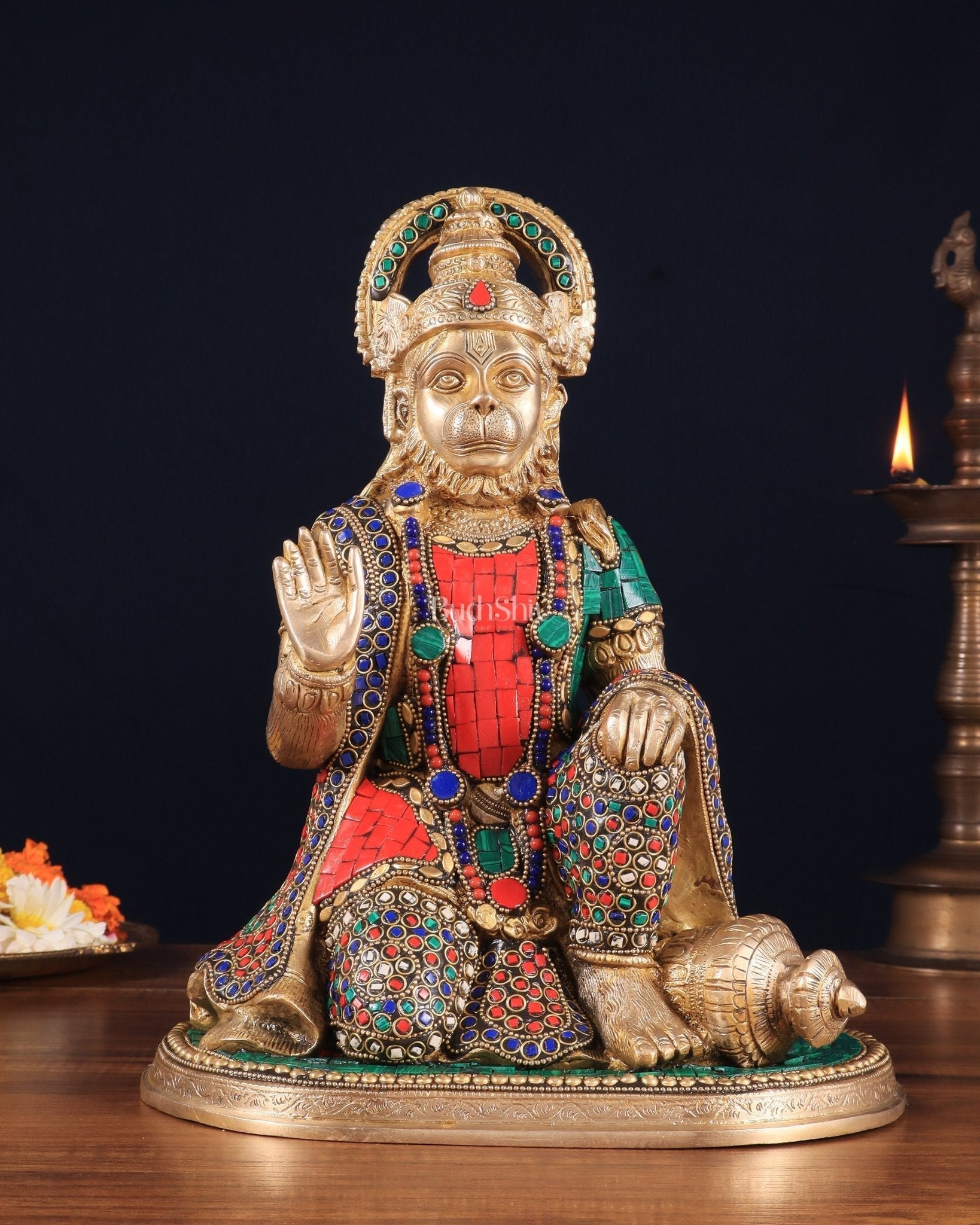 Pure Brass Lord Hanuman Statue - 13.5-Inch with stonework - Sama Homes Idol - Brass Sculpture - Eco-friendly - Sama Homes