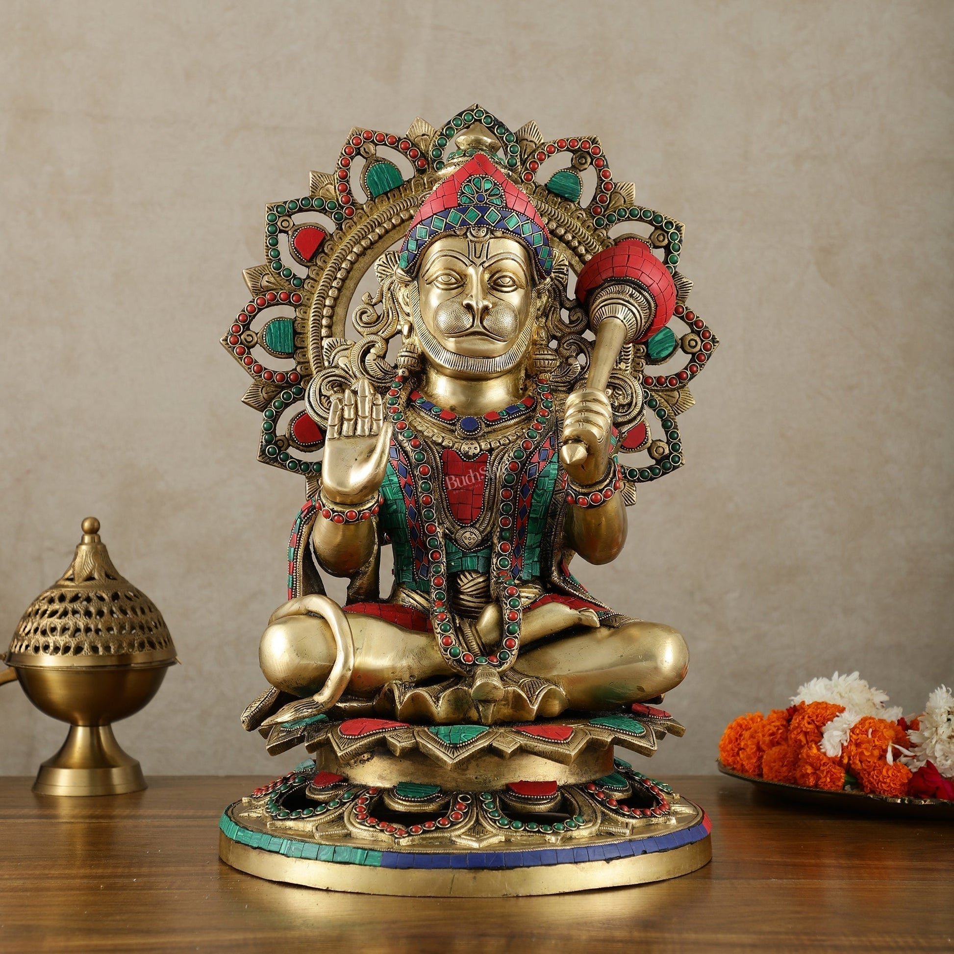 Pure Brass Lord Hanuman Statue - 18 inch with Meenakari - Sama Homes Idol - Brass Sculpture - Eco-friendly - Sama Homes