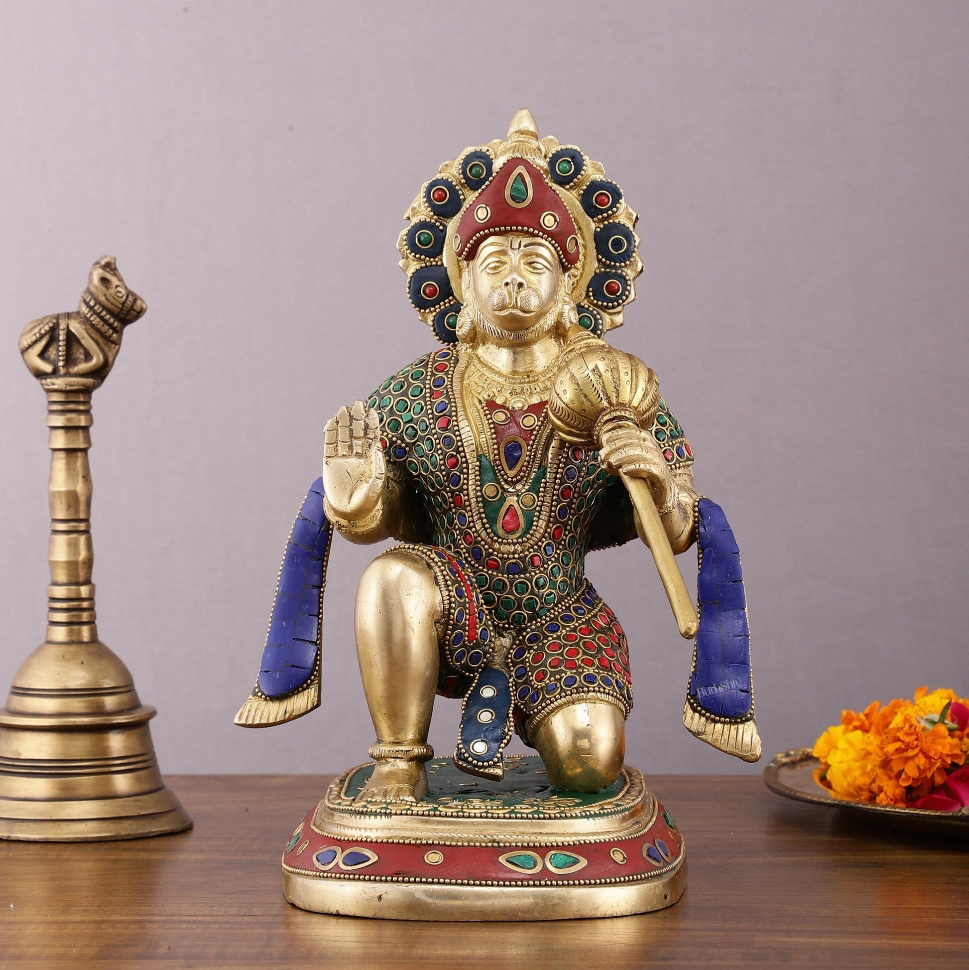 Pure Brass Lord Hanuman Statue with Crushed Stone Meenakari – 12 inch - Sama Homes Idol - Brass Sculpture - Eco-friendly - Sama Homes