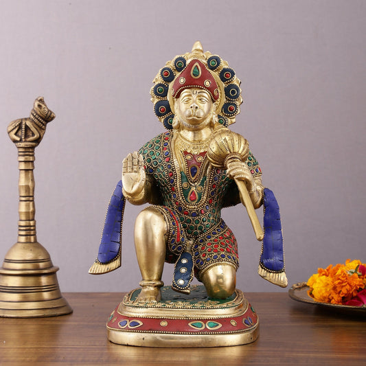 Pure Brass Lord Hanuman Statue with Crushed Stone Meenakari – 12 inch - Sama Homes Idol - Brass Sculpture