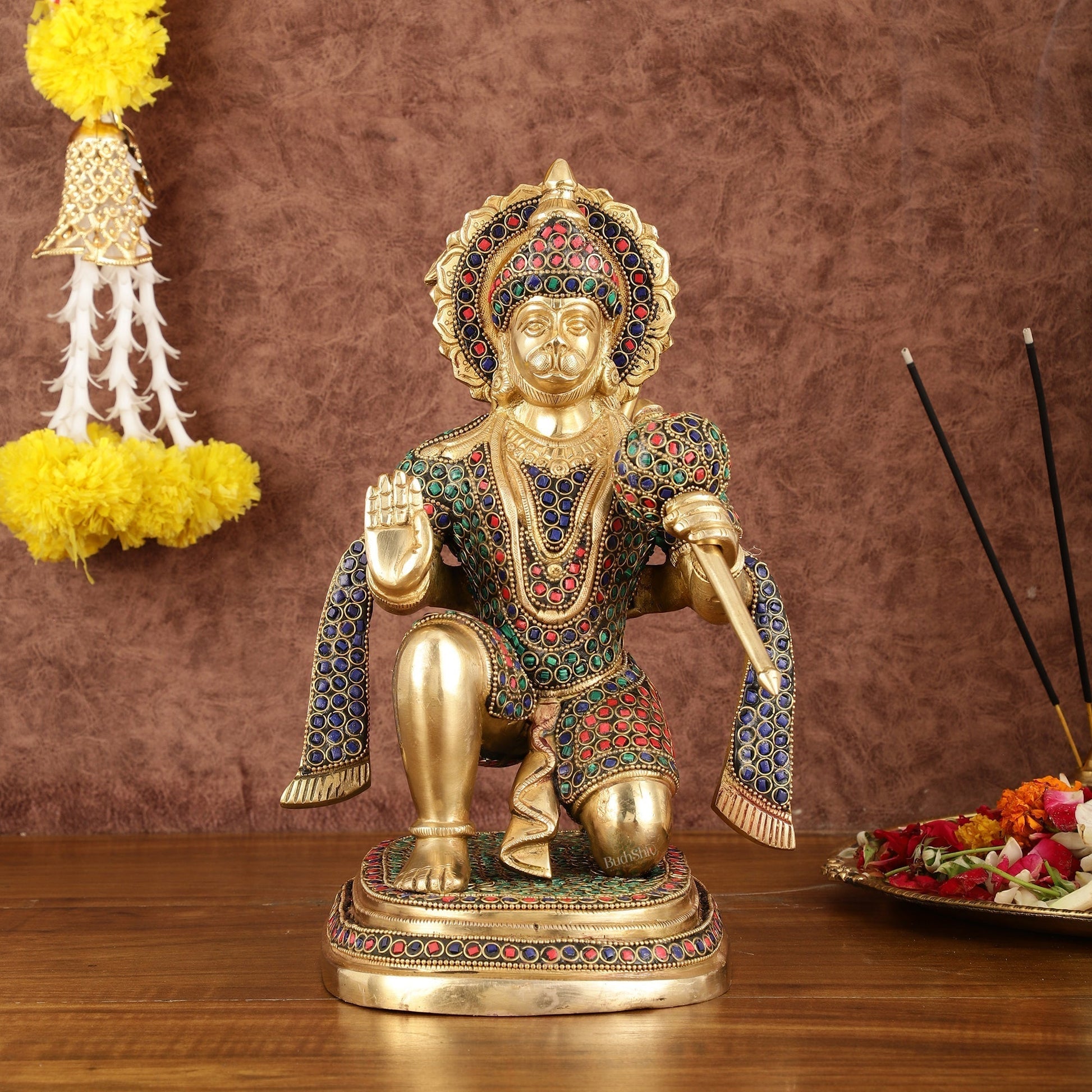Pure Brass Lord Hanuman Statue with Stonework - 12" - Sama Homes Idol - Brass Sculpture - Eco-friendly - Sama Homes