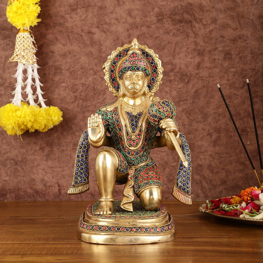 Pure Brass Lord Hanuman Statue with Stonework - 12" - Sama Homes Idol - Brass Sculpture