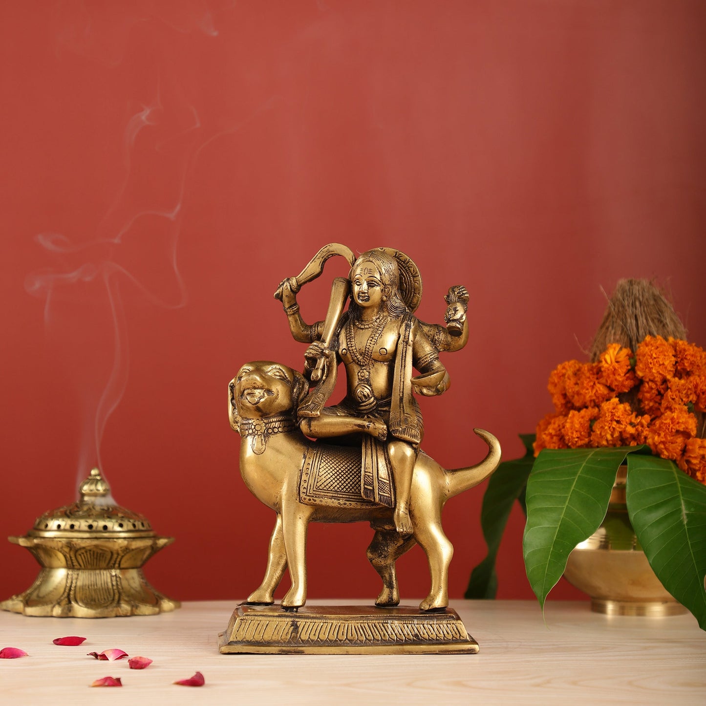 Pure Brass Lord Kaal Bhairava Sitting on Dog Vahana - 9.75" - Sama Homes Idol - Brass Sculpture