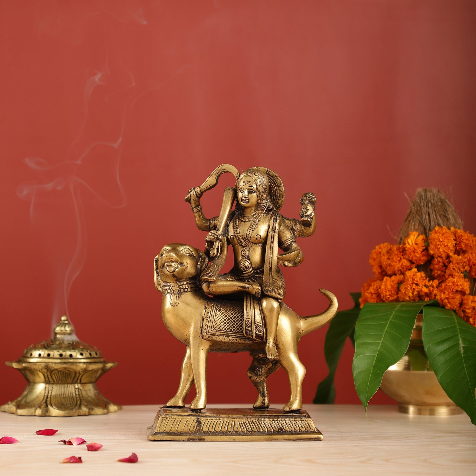 Pure Brass Lord Kaal Bhairava Sitting on Dog Vahana - 9.75" - Sama Homes Idol - Brass Sculpture - Eco-friendly - Sama Homes