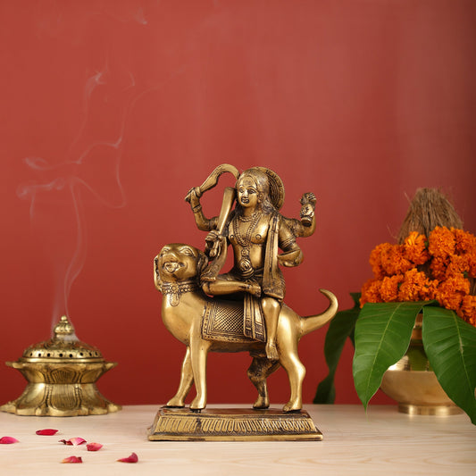 Pure Brass Lord Kaal Bhairava Sitting on Dog Vahana - 9.75" - Sama Homes Idol - Brass Sculpture