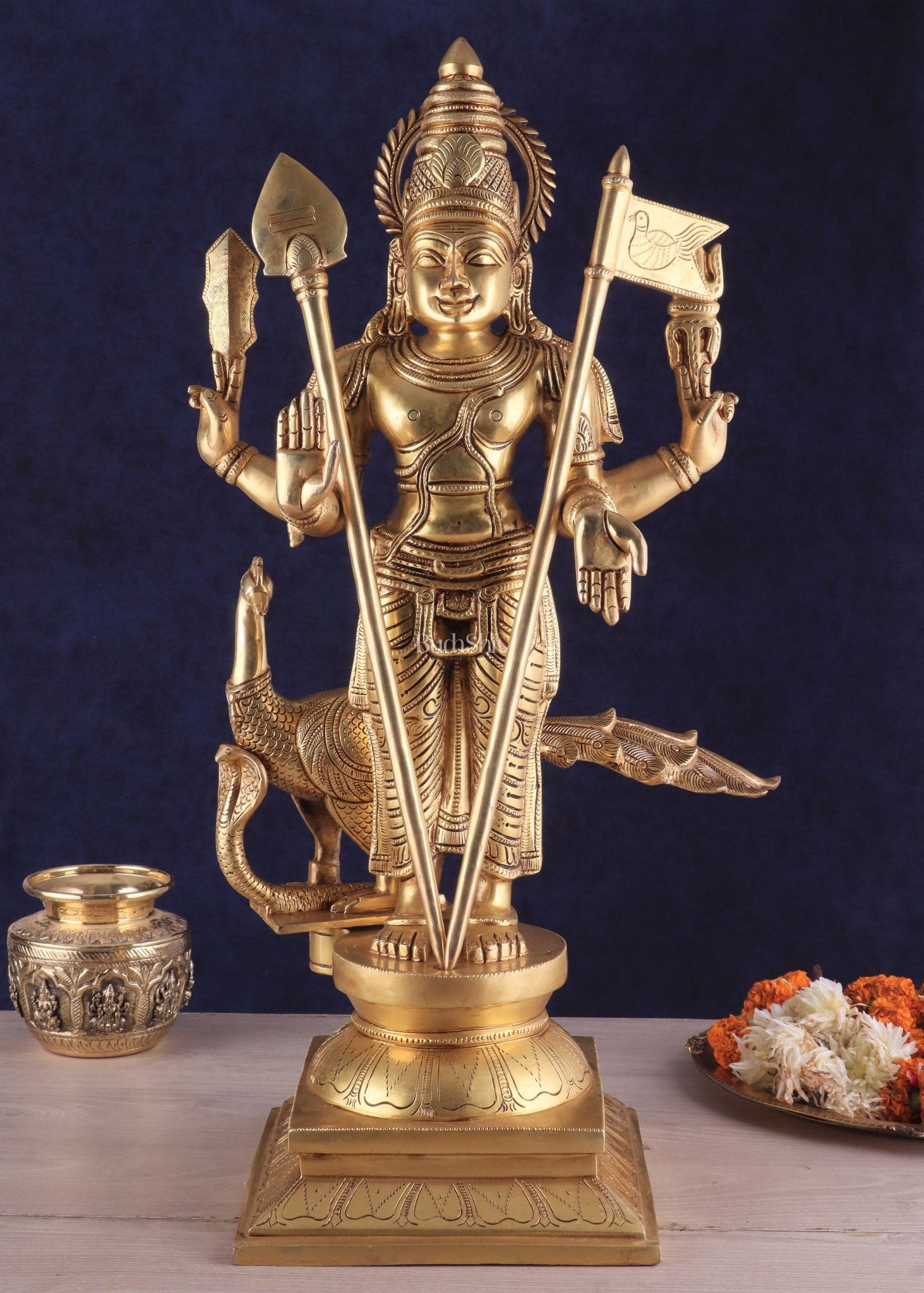 Pure Brass Lord Kartikeya Murugan Swamy Statue | large size Intricately Handcrafted Divine Idol 25" - Sama Homes Idol - Brass Sculpture - Eco-friendly - Sama Homes