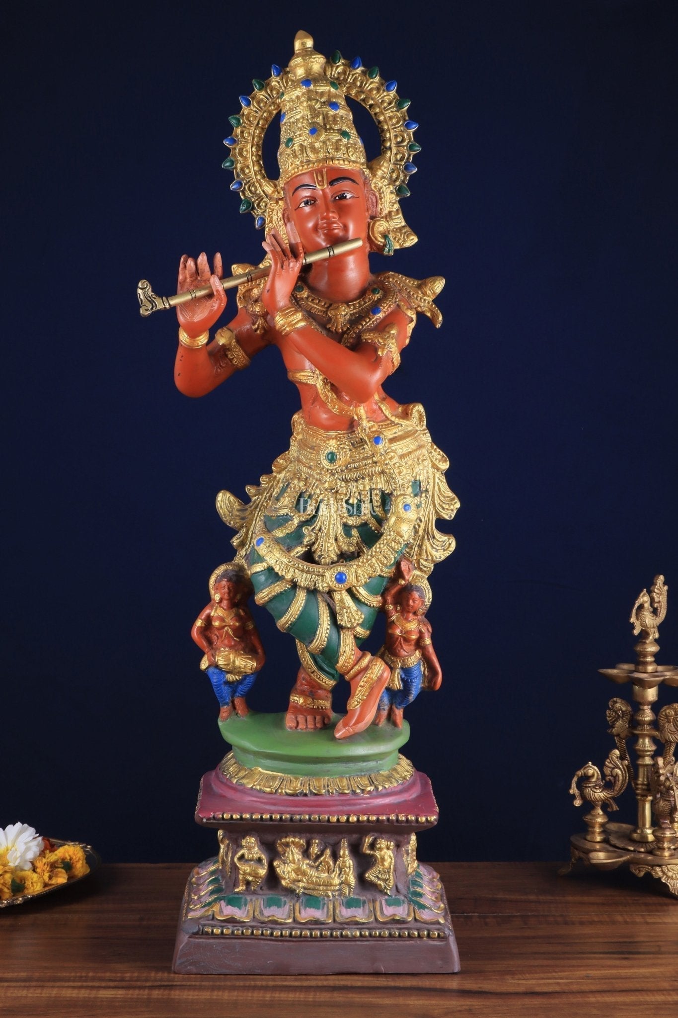 Pure Brass Lord Krishna Hand-Painted Masterpiece – Exquisite Artwork 30" - Sama Homes Idol - Brass Sculpture - Eco-friendly - Sama Homes